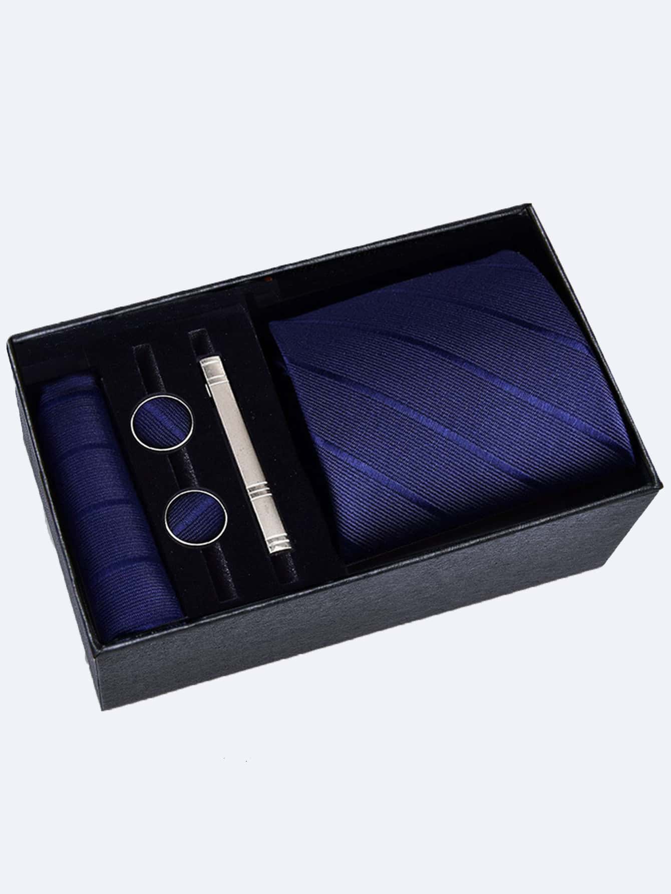 Men's 5-piece Tie Set With 8cm Striped Necktie, Tie Bar, Pocket Square And Cufflinks