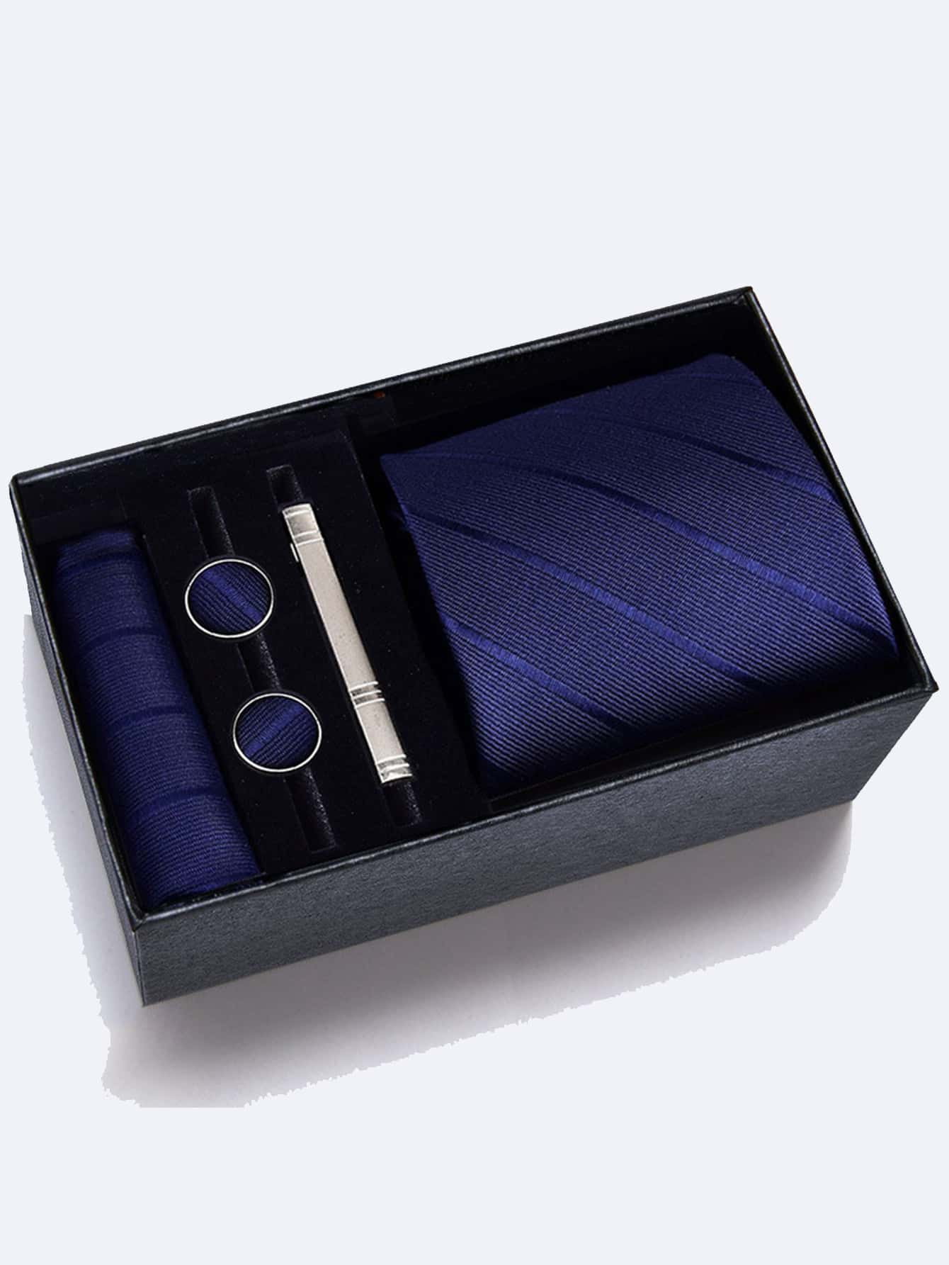 Men's 5-piece Tie Set With 8cm Striped Necktie, Tie Bar, Pocket Square And Cufflinks