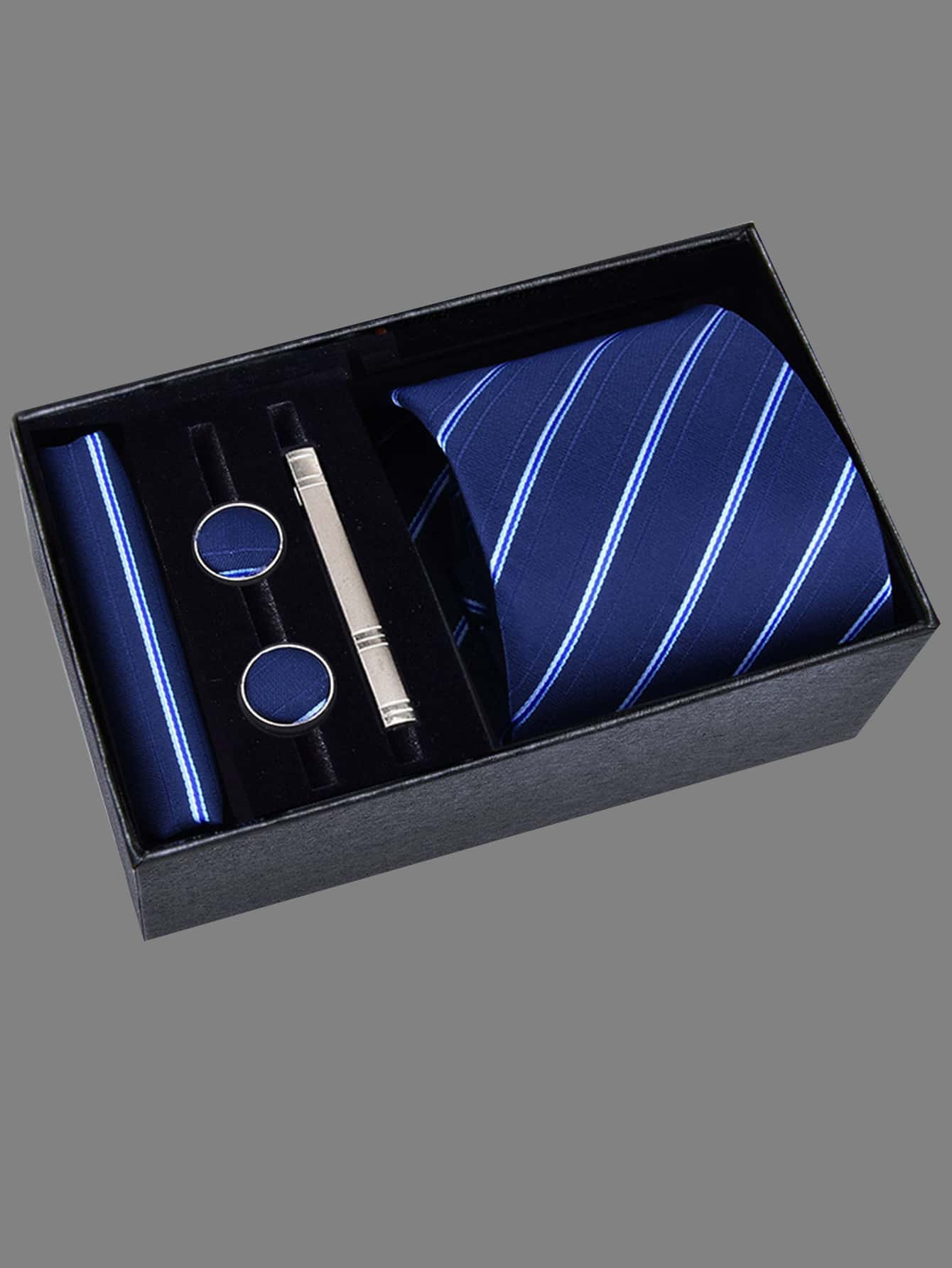 Men's 5-piece Tie Set With 8cm Striped Necktie, Tie Bar, Pocket Square And Cufflinks