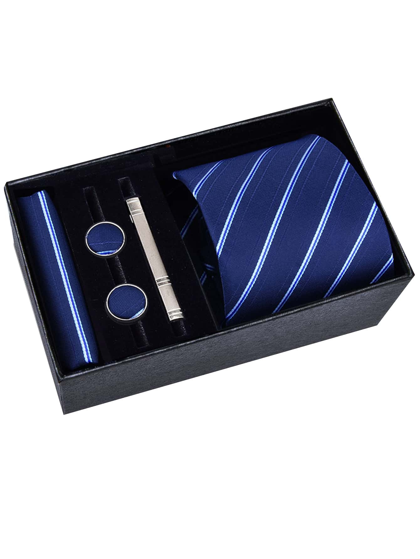 Men's 5-piece Tie Set With 8cm Striped Necktie, Tie Bar, Pocket Square And Cufflinks