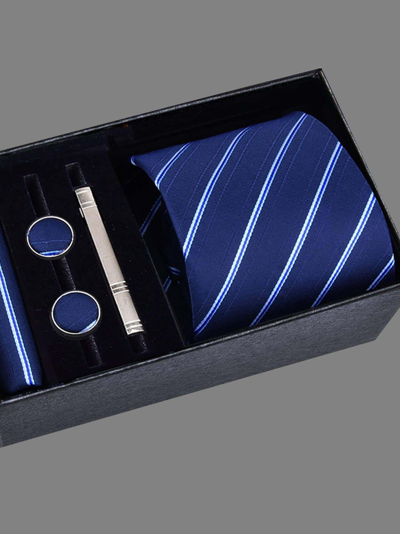 Men's 5-piece Tie Set With 8cm Striped Necktie, Tie Bar, Pocket Square And Cufflinks