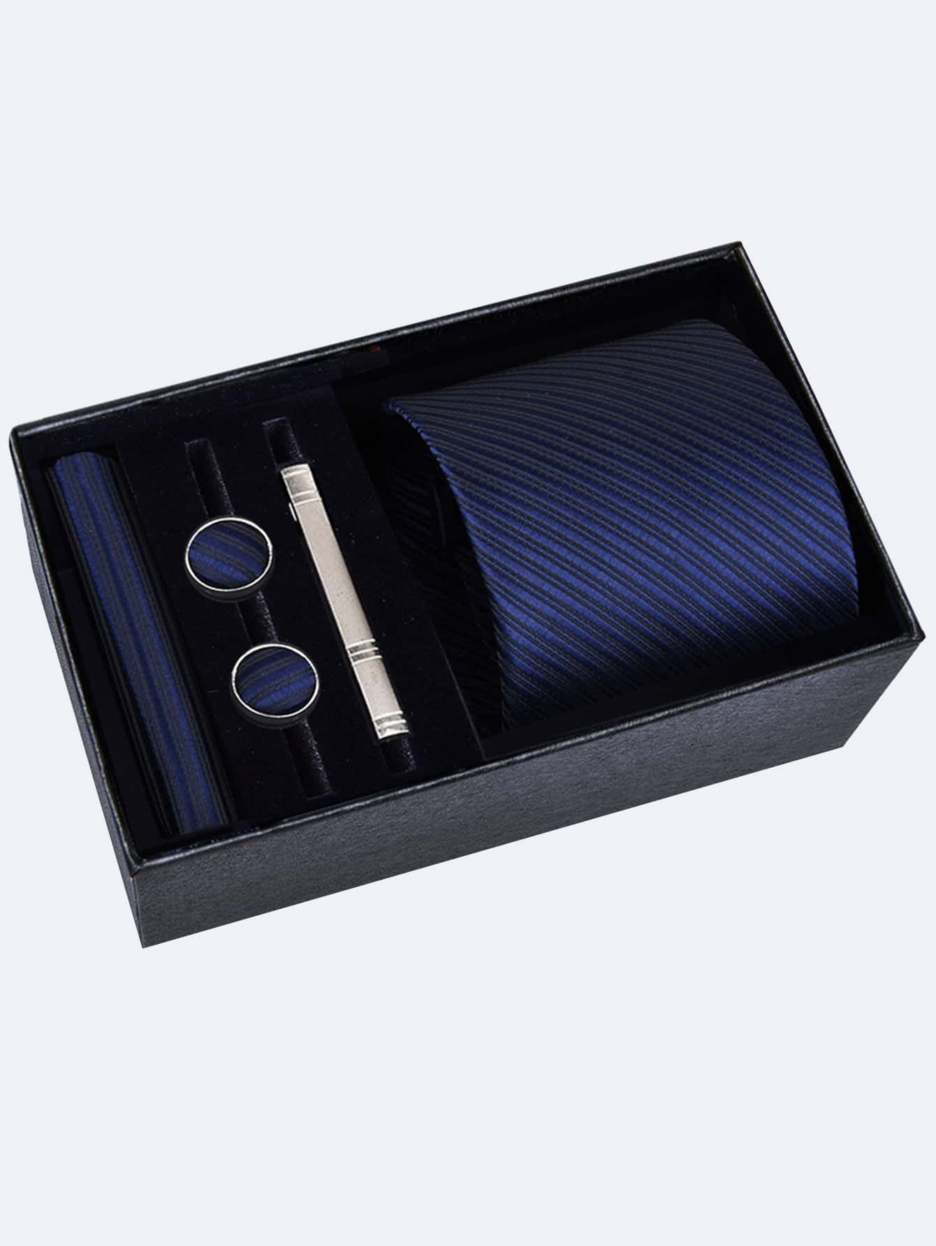 Men's 5-piece Tie Set With 8cm Striped Necktie, Tie Bar, Pocket Square And Cufflinks