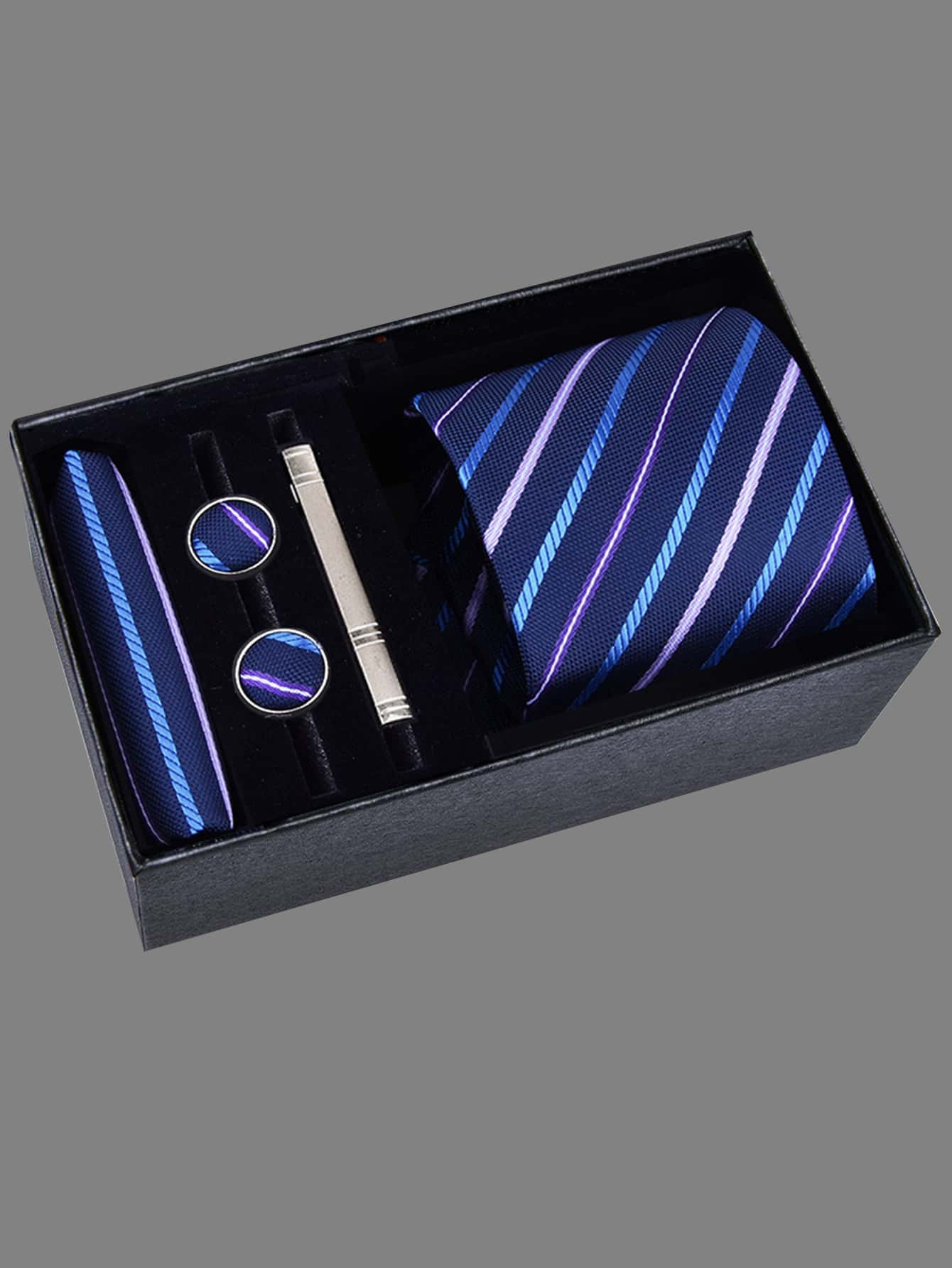 Men's 5-piece Tie Set With 8cm Striped Necktie, Tie Bar, Pocket Square And Cufflinks