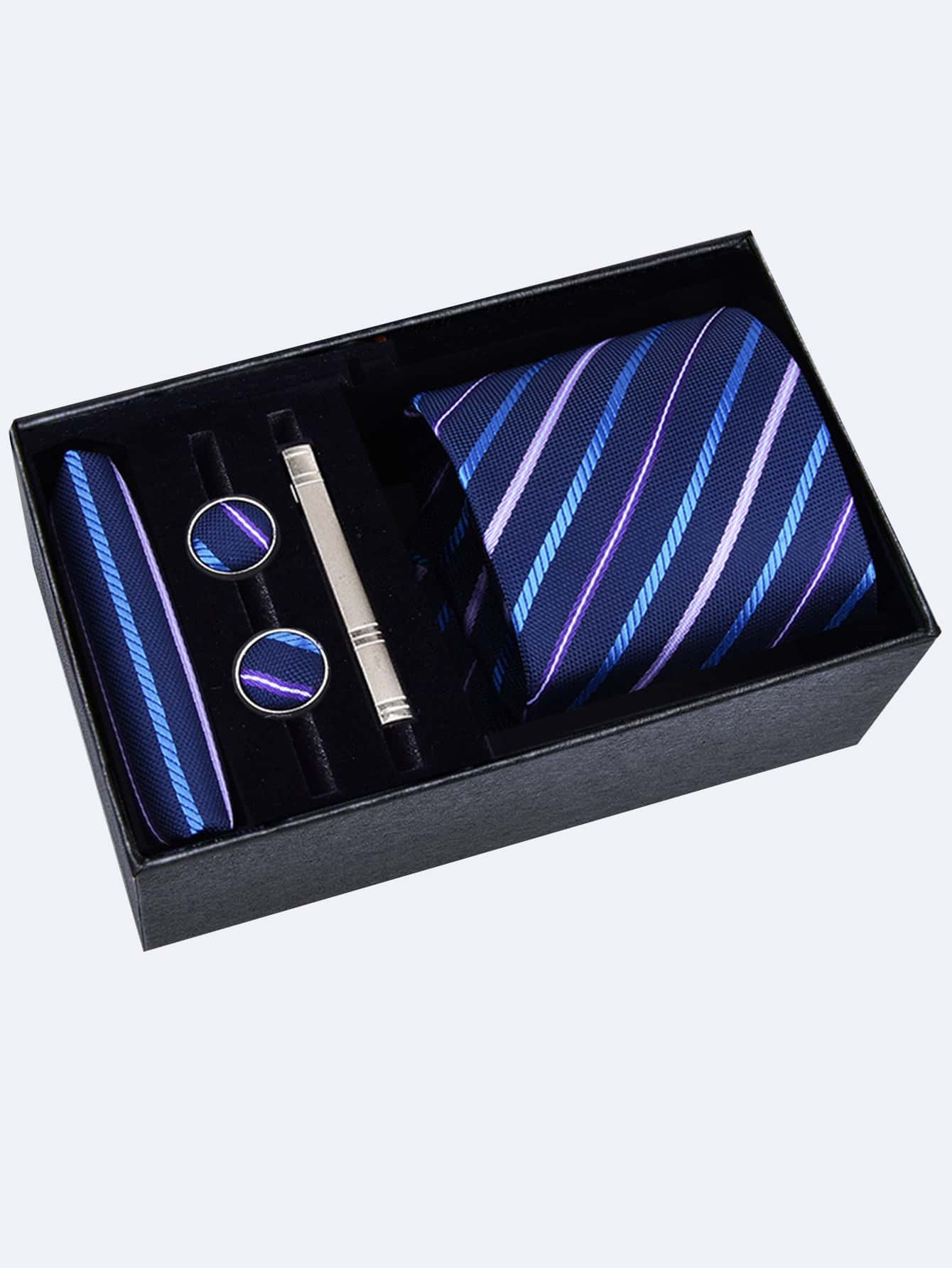 Men's 5-piece Tie Set With 8cm Striped Necktie, Tie Bar, Pocket Square And Cufflinks