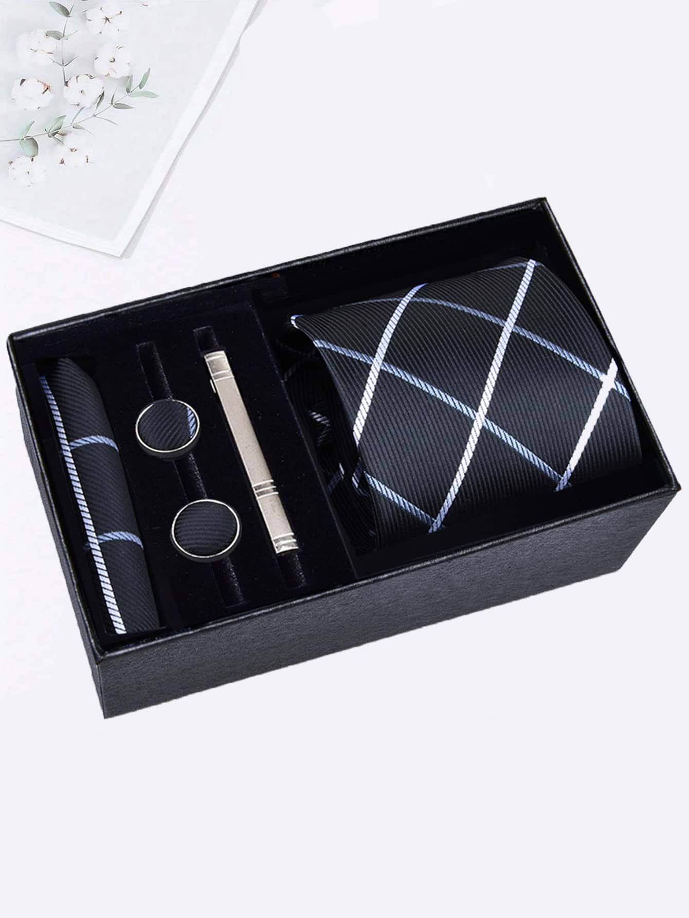 Men's 5-piece Tie Set With 8cm Striped Necktie, Tie Bar, Pocket Square And Cufflinks