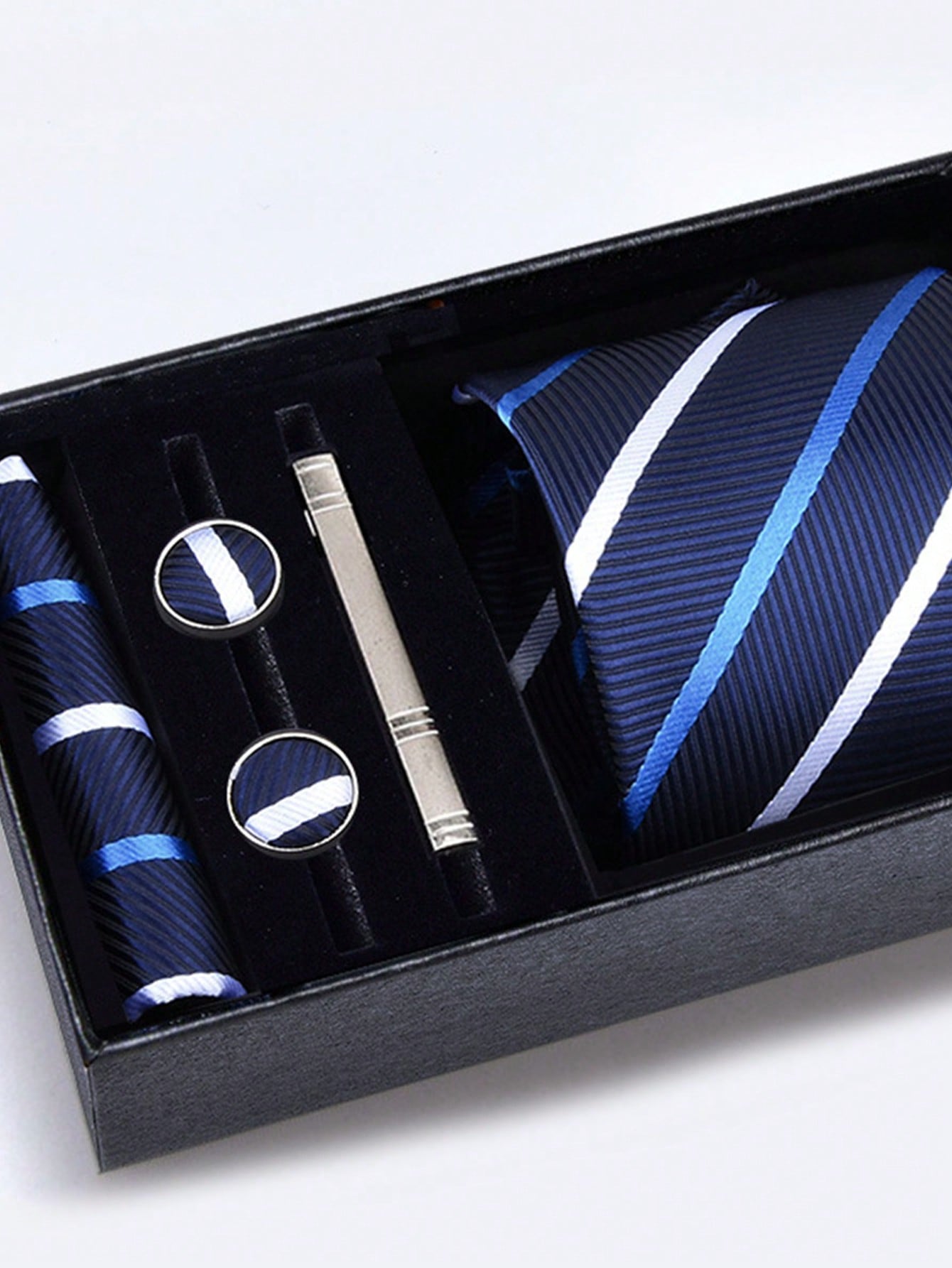 Men's 5-piece Tie Set With 8cm Striped Necktie, Tie Bar, Pocket Square And Cufflinks