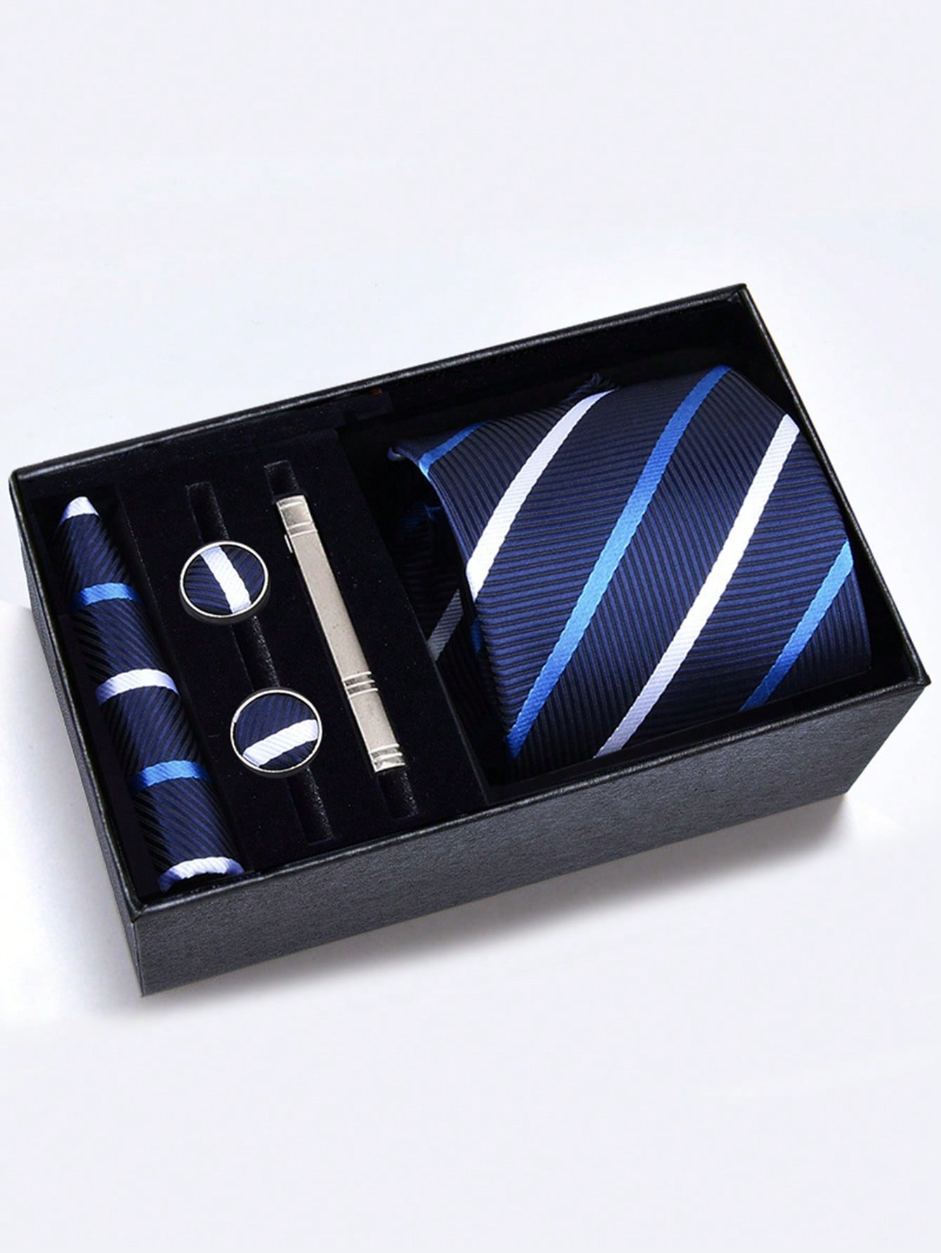 Men's 5-piece Tie Set With 8cm Striped Necktie, Tie Bar, Pocket Square And Cufflinks